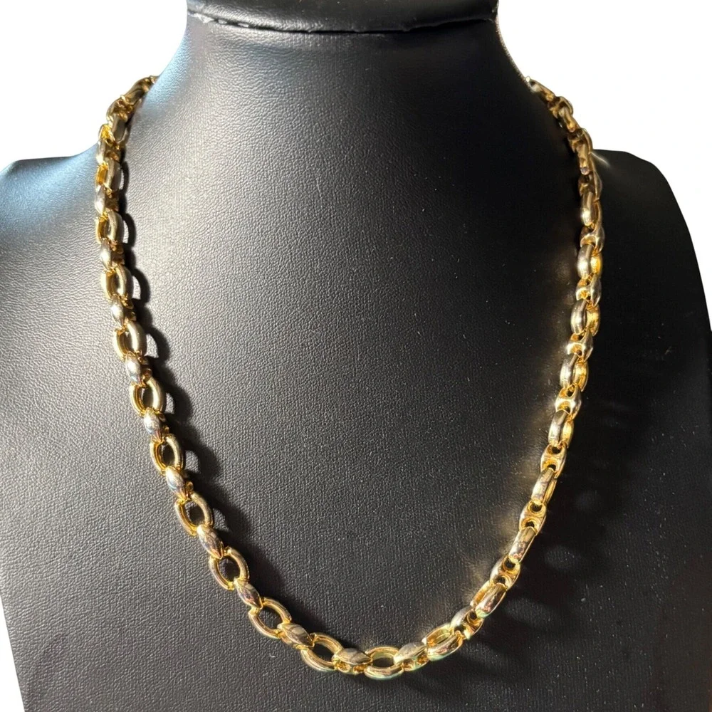 Chain Necklace Gold Silver Two-Tone Chunky Oval Link 18 Inch Statement Jewelry